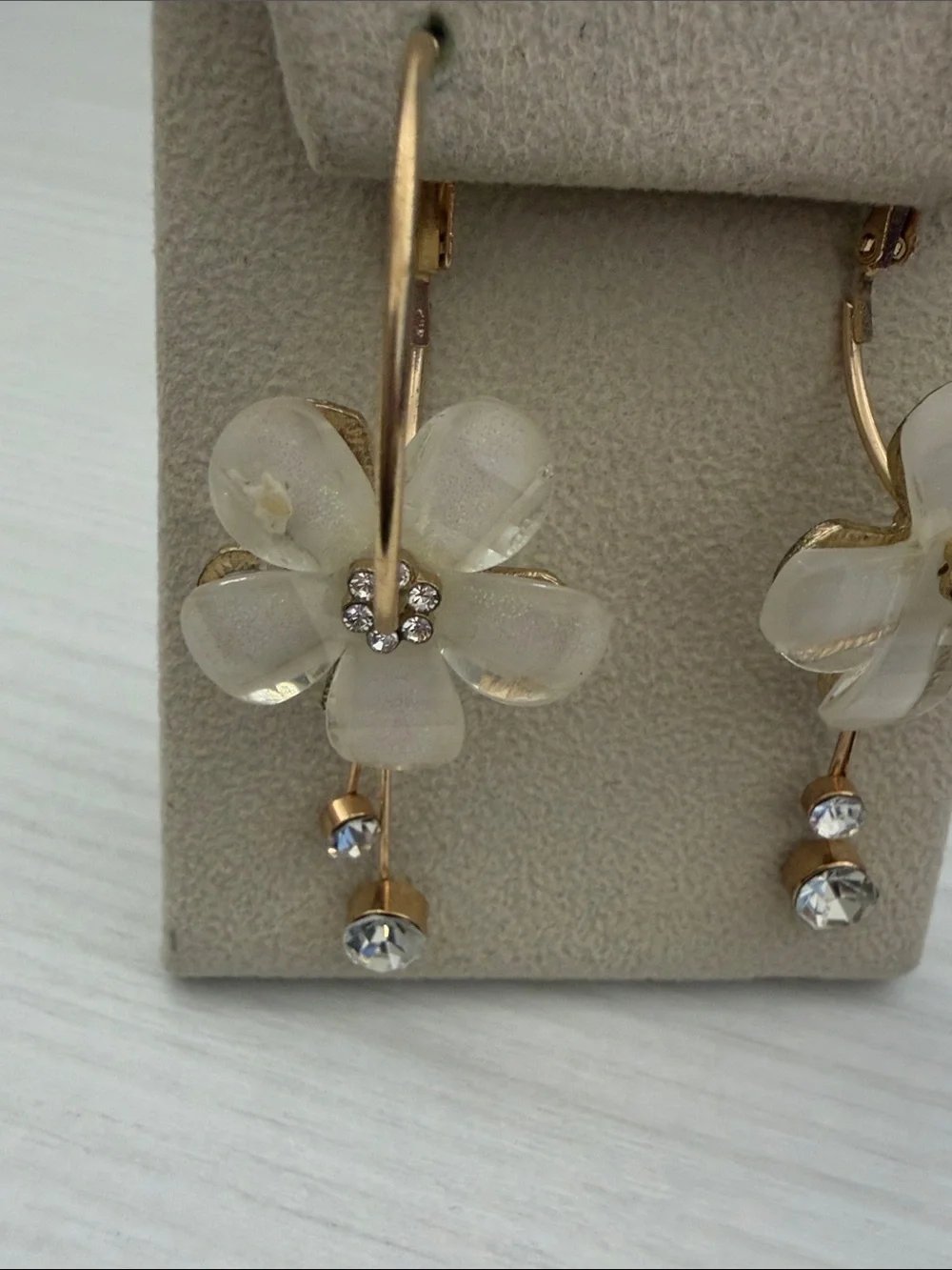 Gold Hoop Earrings with White Flower Drops and Crystal Accents